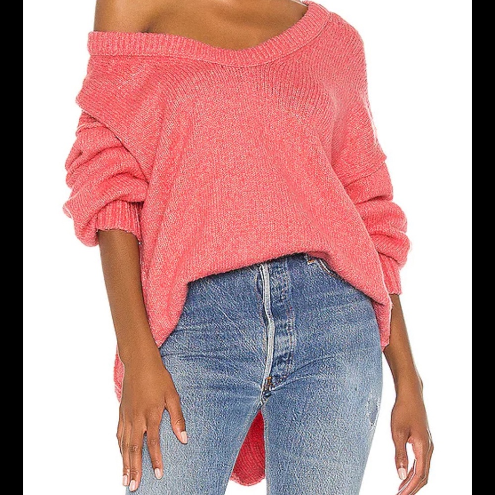 NWT Free People Sweater Brookside Tunic Pink Lightning Small Off The Shoulder